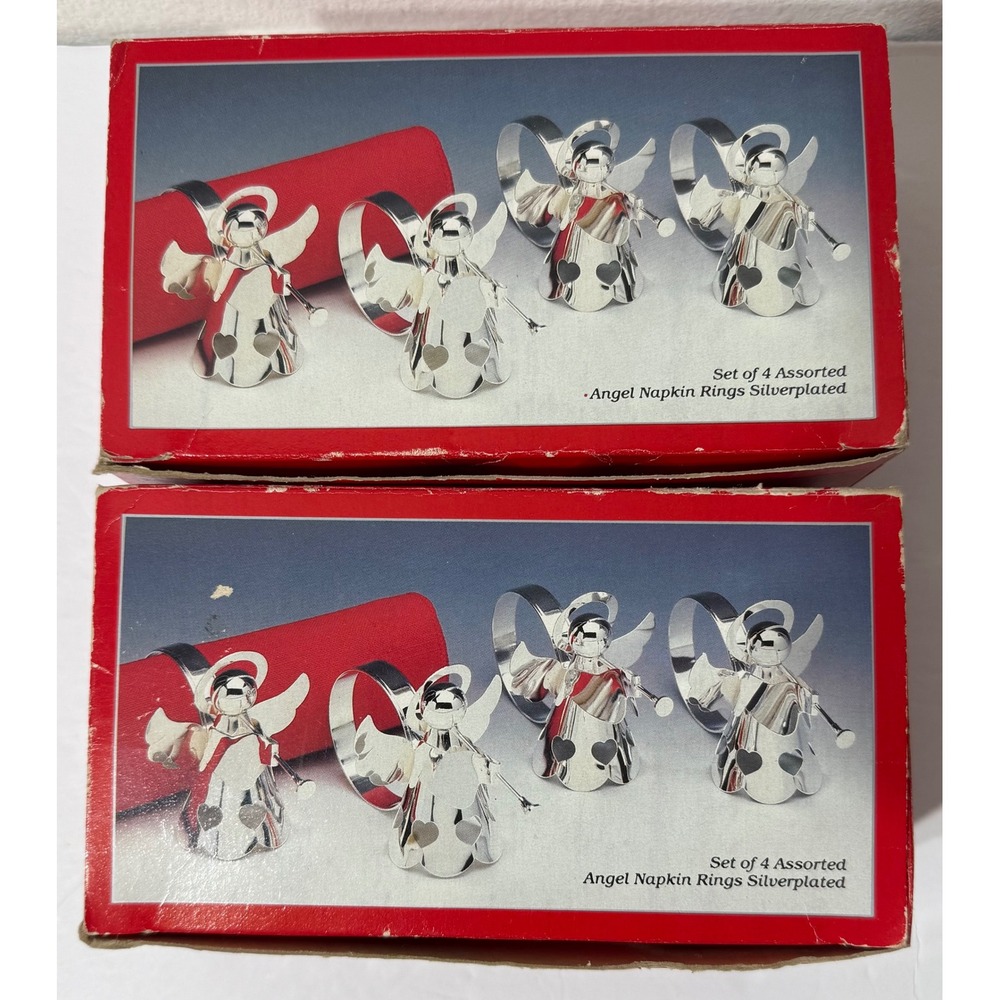 Landes Silverplated Angel Napkin Rings Set of 8 Vintage Christmas Heart Cutouts